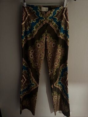 Cache Olive Green Paisley Print Pants with Teal Accents